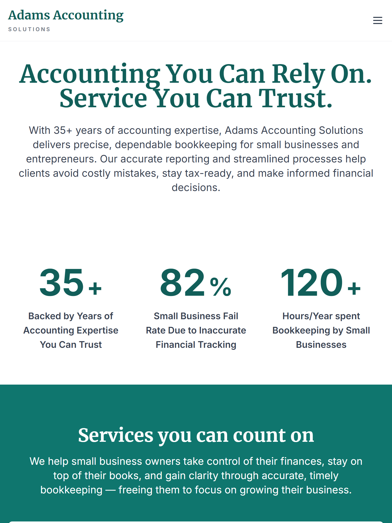 The homepage on a tablet: the navigation folds into a menu button, and the headline, introduction and three figures sit above the teal “Services you can count on” band.