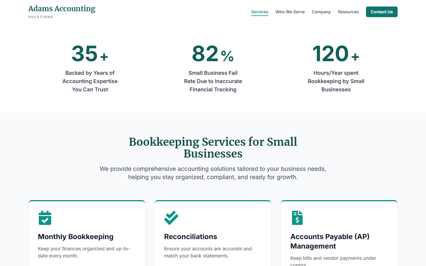 The Services page on a desktop screen: the three figures, the serif heading “Bookkeeping Services for Small Businesses”, and cards for Monthly Bookkeeping, Reconciliations and Accounts Payable Management, each with a teal icon.
